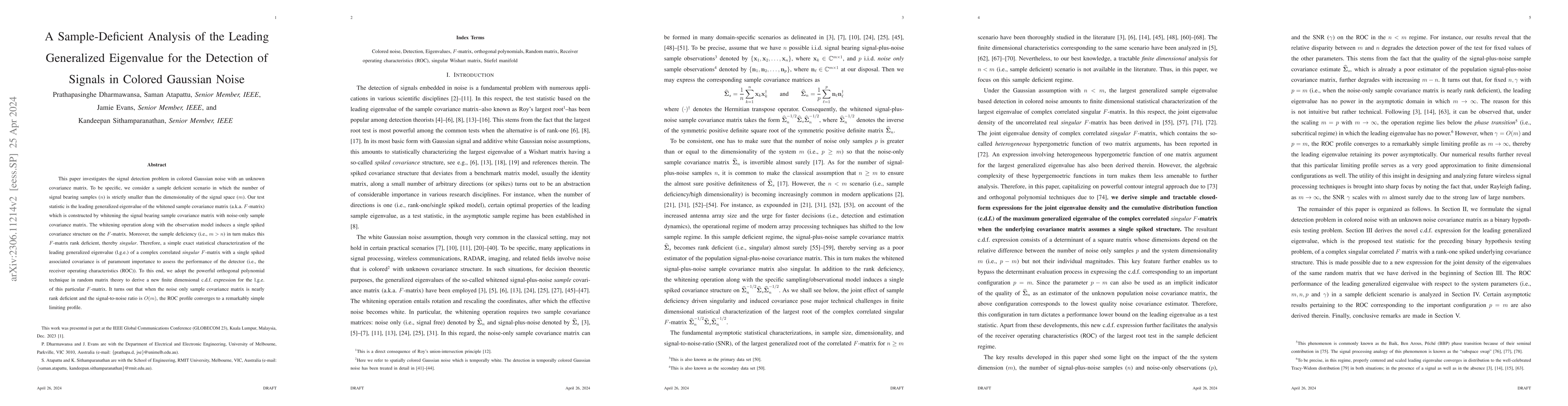 Thumbnail for A Sample-Deficient Analysis of the Leading Generalized Eigenvalue for
  the Detection of Signals in Colored Gaussian Noise