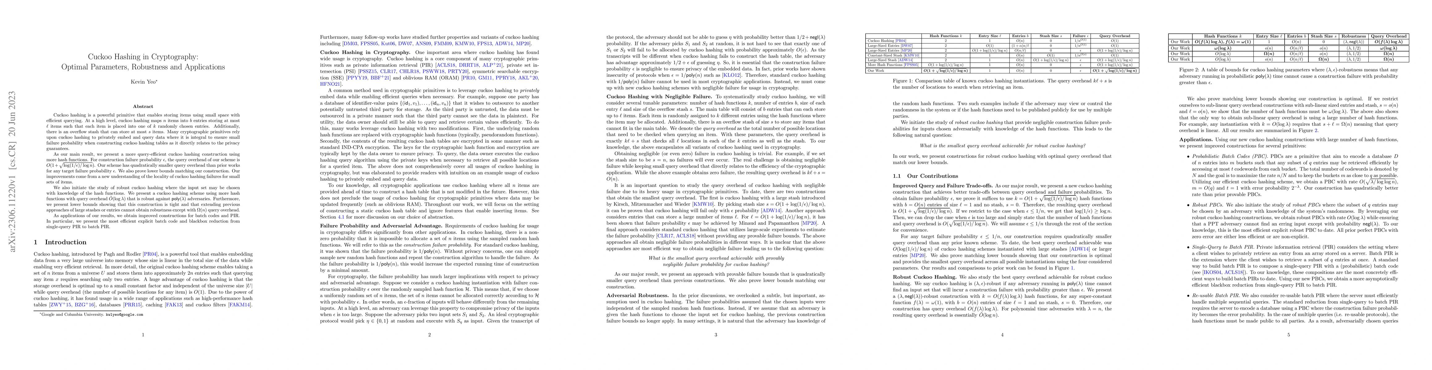 Thumbnail for Cuckoo Hashing in Cryptography: Optimal Parameters, Robustness and
  Applications