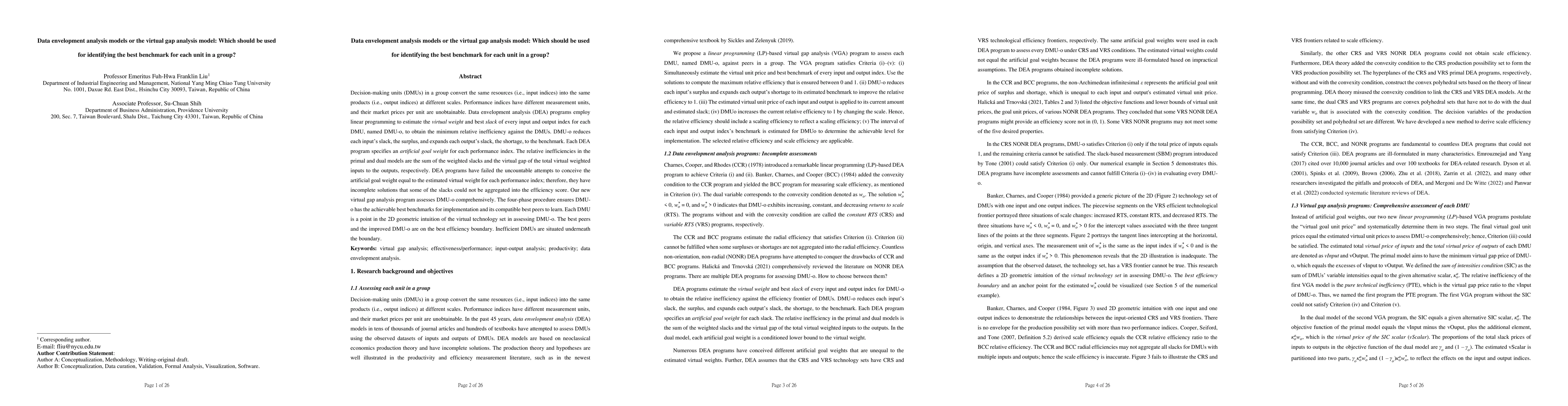 Thumbnail for Data envelopment analysis models or the virtual gap analysis model:
  Which should be used for identifying the best benchmark for each unit in a
  group?