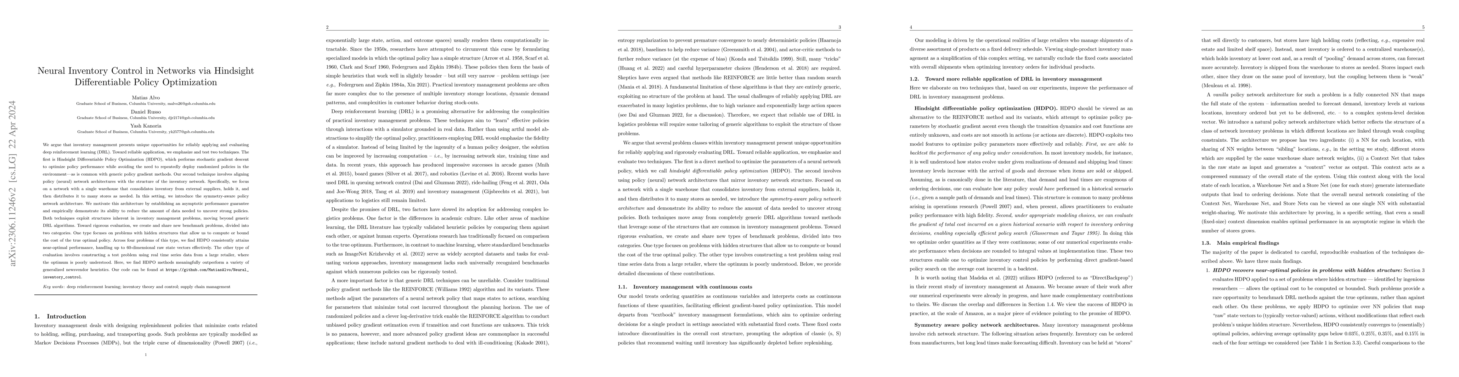 Thumbnail for Neural Inventory Control in Networks via Hindsight Differentiable Policy
  Optimization