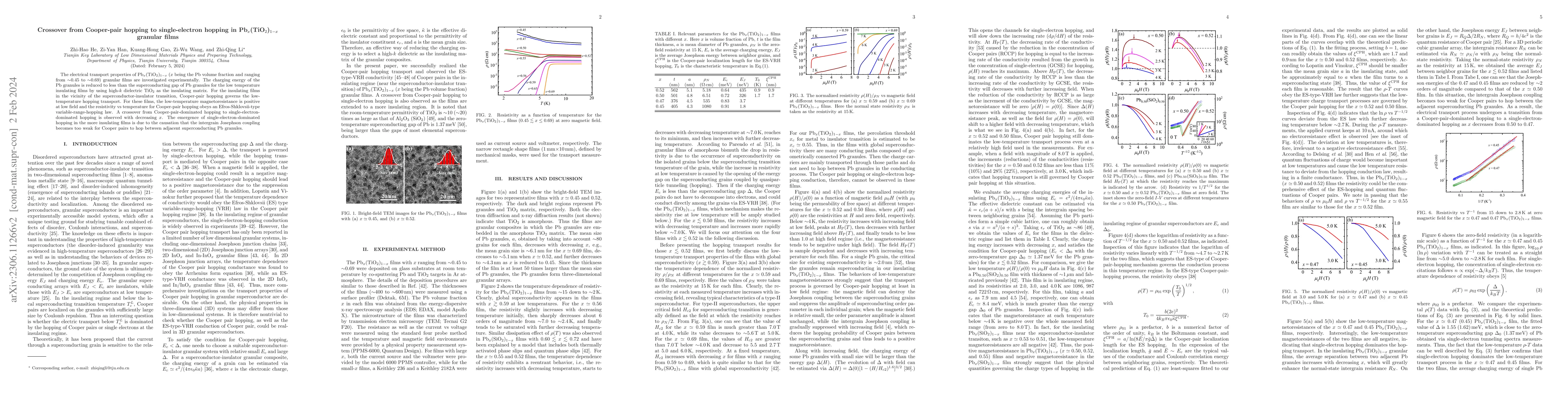 Thumbnail for Crossover From Cooper-Pair Hopping to Single-Electron Hopping in
  Pb$_x$(TiO$_2$)$_{1-x}$ Granular Films