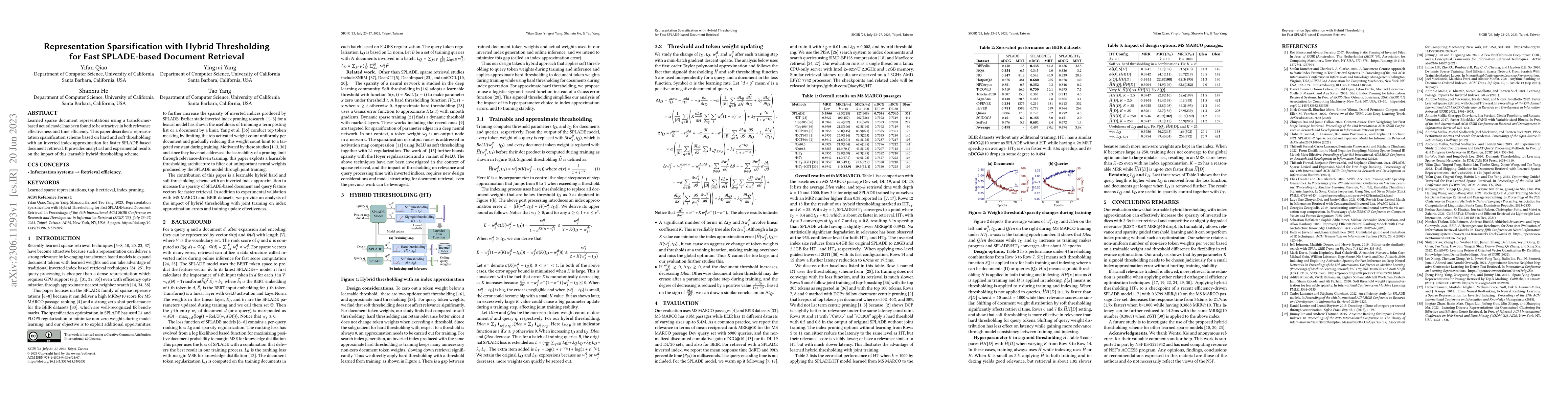 Thumbnail for Representation Sparsification with Hybrid Thresholding for Fast
  SPLADE-based Document Retrieval