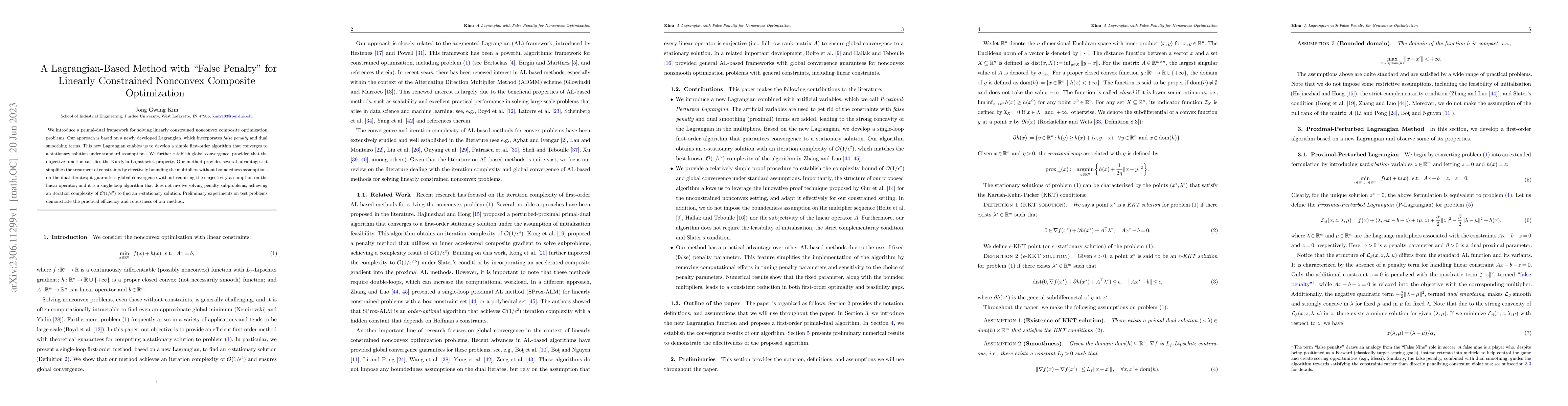 Thumbnail for A Lagrangian-Based Method with "False Penalty'' for Linearly Constrained
  Nonconvex Composite Optimization