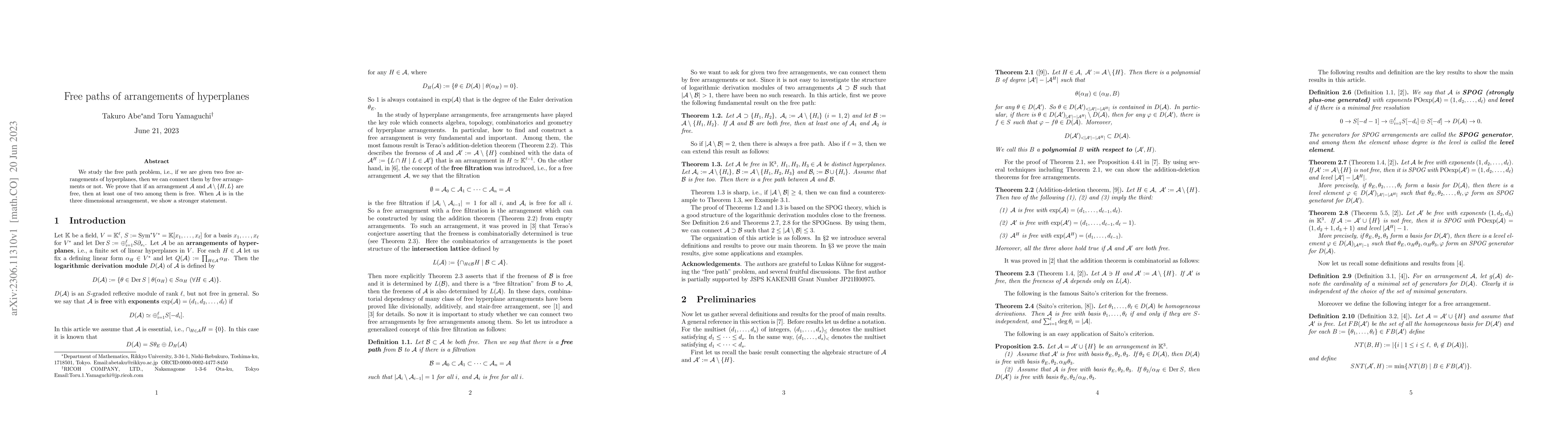 Thumbnail for Free paths of arrangements of hyperplanes