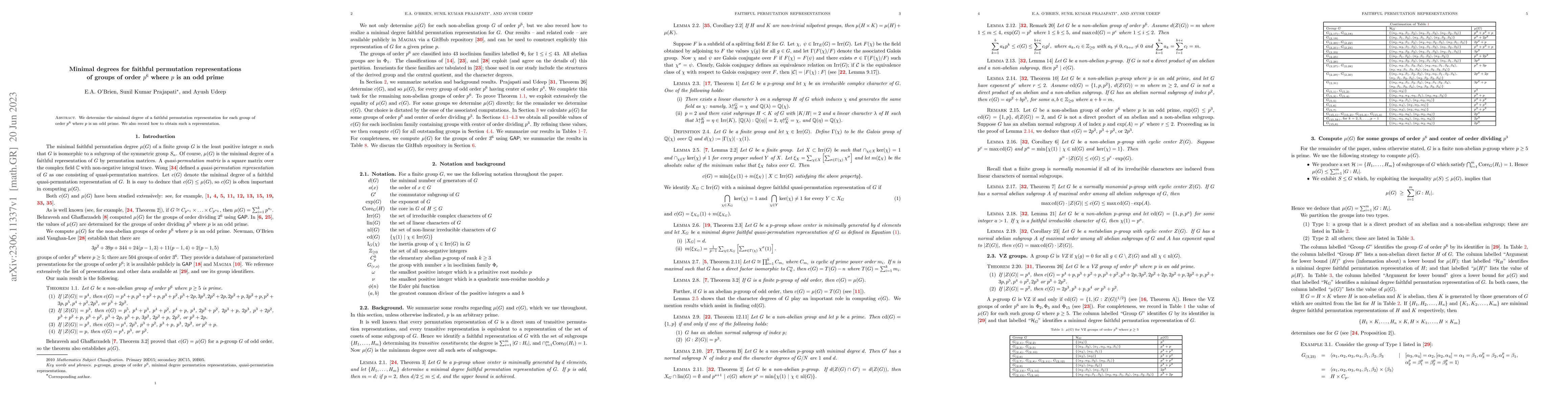 Thumbnail for Minimal degrees for faithful permutation representations of groups of
  order $p^6$ where $p$ is an odd prime