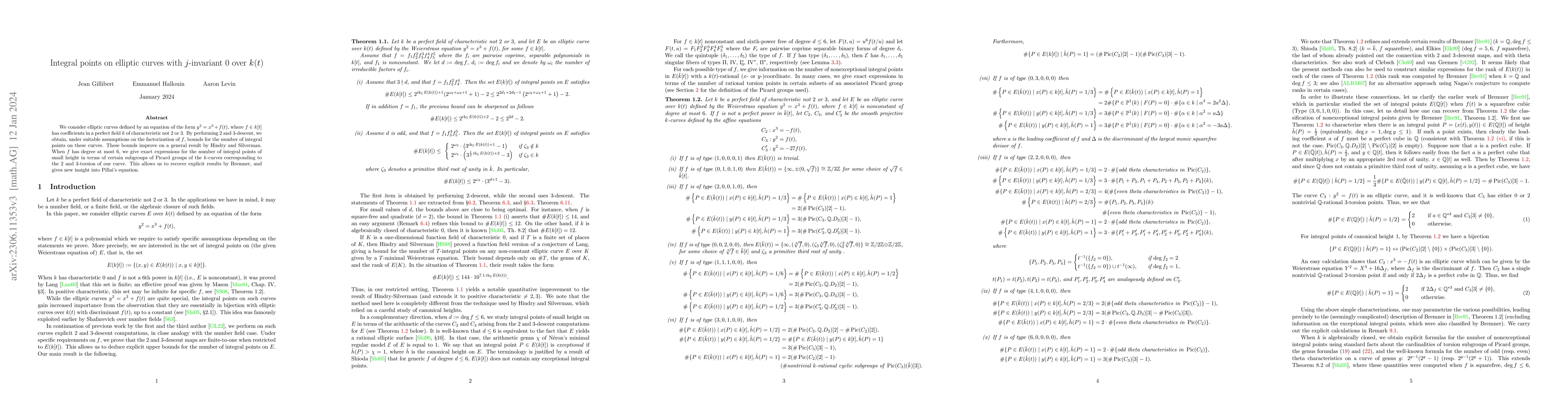 Thumbnail for Integral points on elliptic curves with $j$-invariant $0$ over $k(t)$