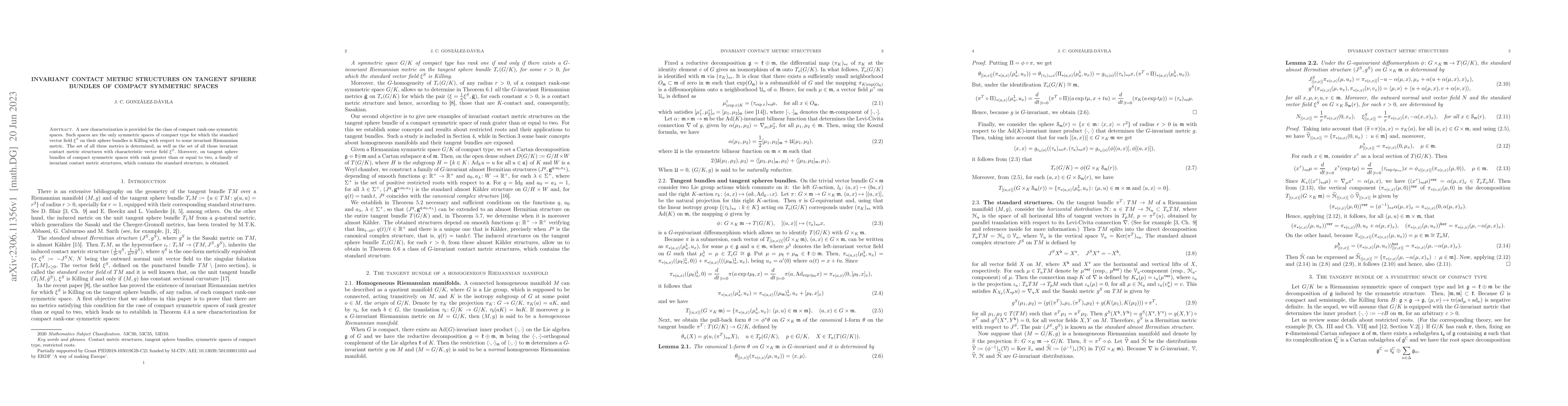 Thumbnail for Invariant contact metric structures on tangent sphere bundles of compact
  symmetric spaces