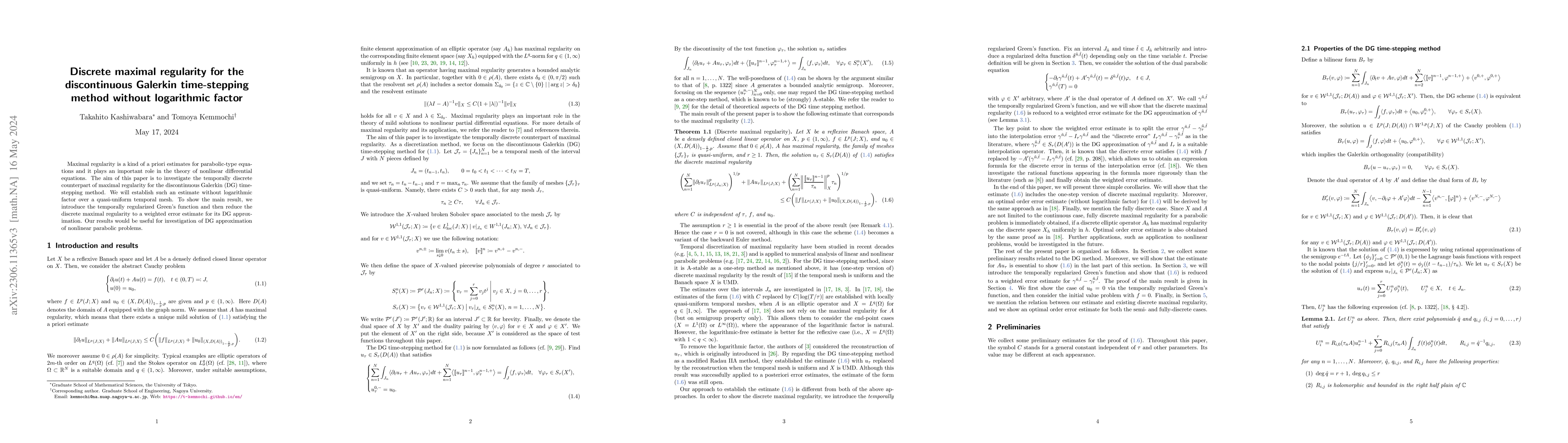 Thumbnail for Discrete maximal regularity for the discontinuous Galerkin time-stepping
  method without logarithmic factor