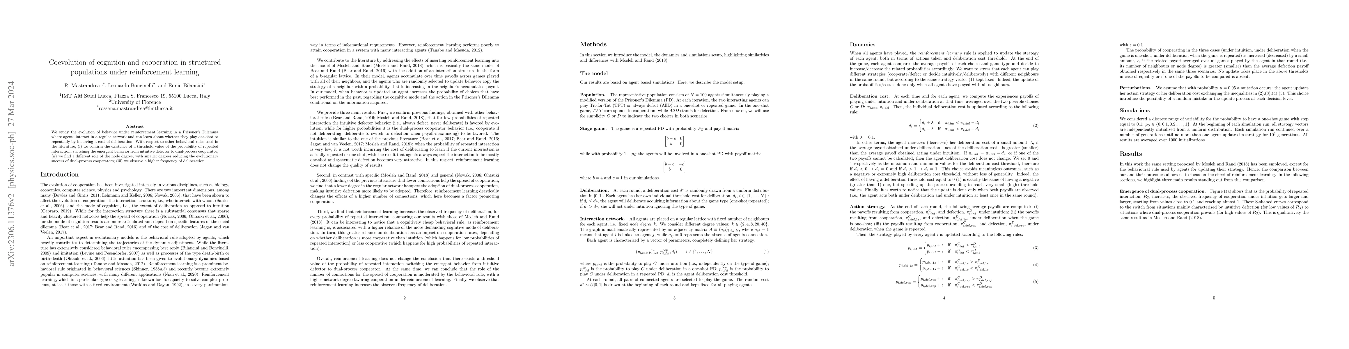 Thumbnail for Coevolution of cognition and cooperation in structured populations under
  reinforcement learning
