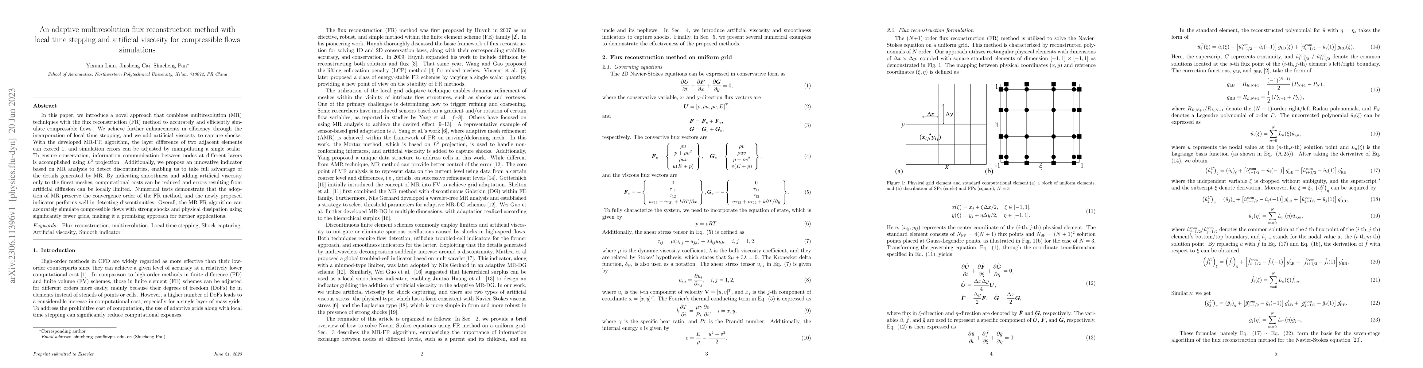 Thumbnail for An adaptive multiresolution flux reconstruction method with local time
  stepping and artificial viscosity for compressible flows simulations