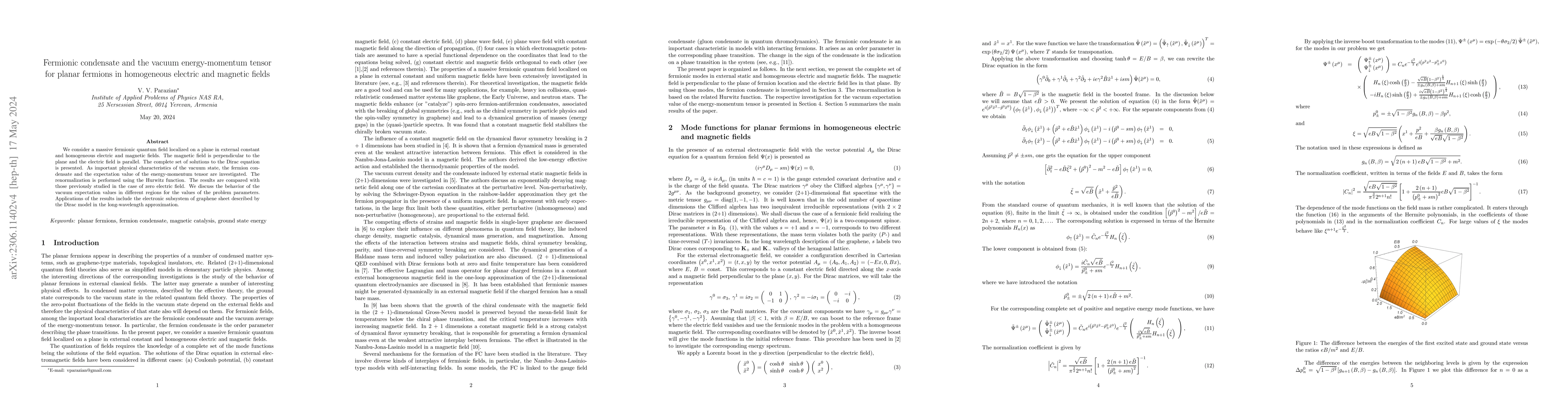 Thumbnail for Fermionic condensate and the vacuum energy-momentum tensor for planar
  fermions in homogeneous electric and magnetic fields
