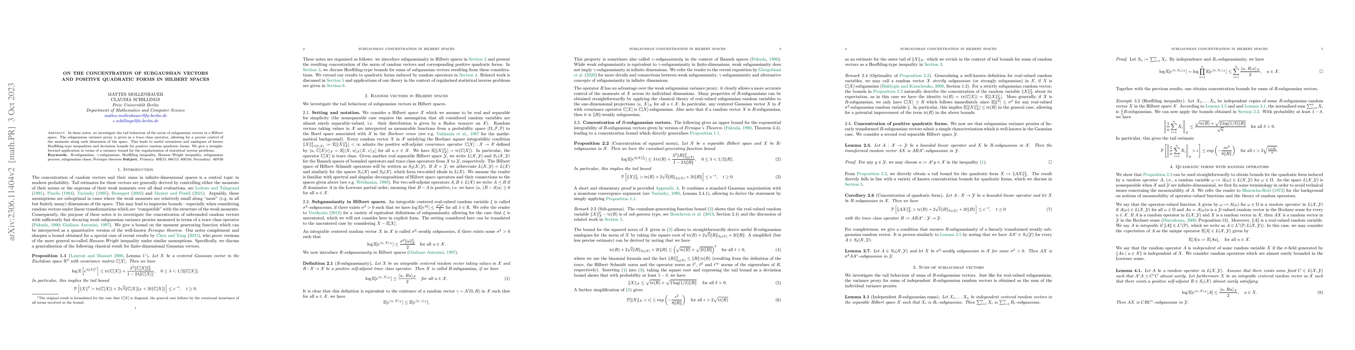 Thumbnail for On the concentration of subgaussian vectors and positive quadratic forms
  in Hilbert spaces
