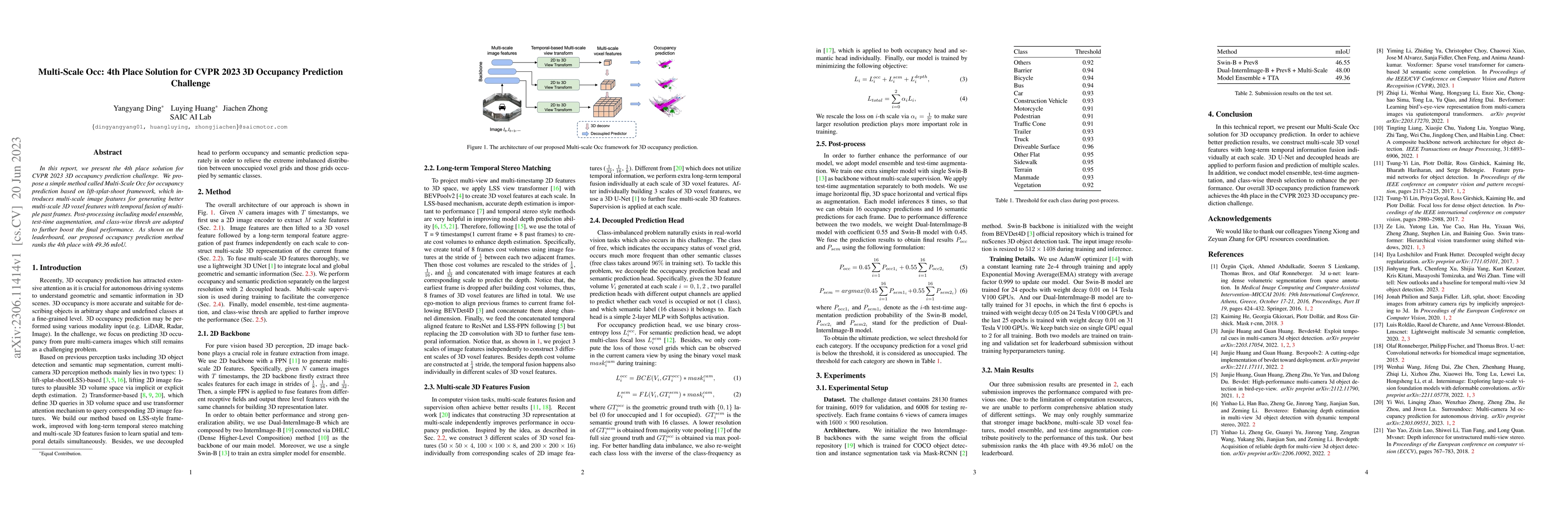 Thumbnail for Multi-Scale Occ: 4th Place Solution for CVPR 2023 3D Occupancy
  Prediction Challenge