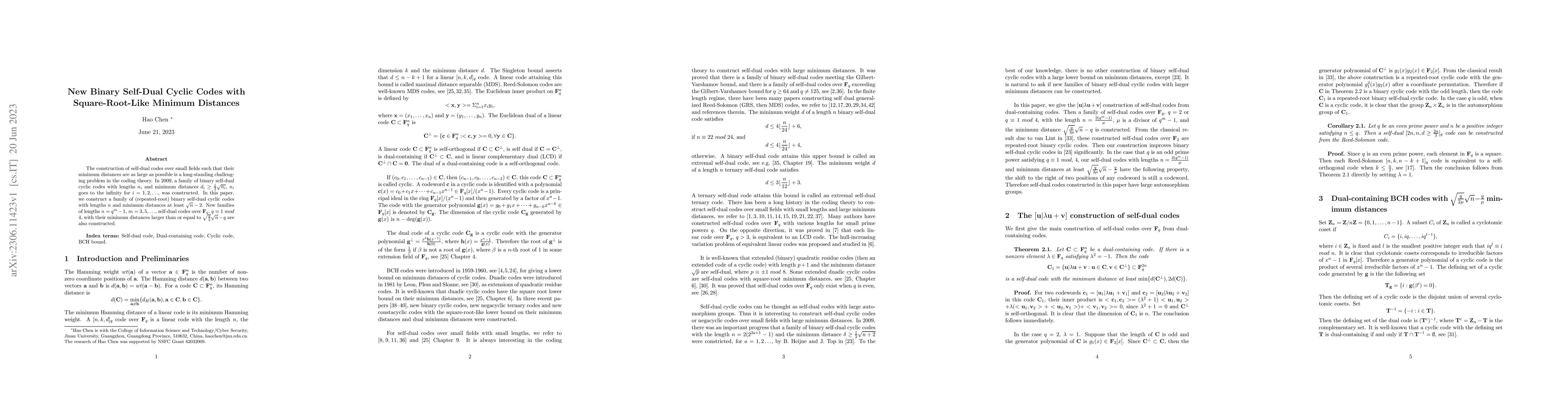 Thumbnail for New Binary Self-Dual Cyclic Codes with Square-Root-Like Minimum
  Distances