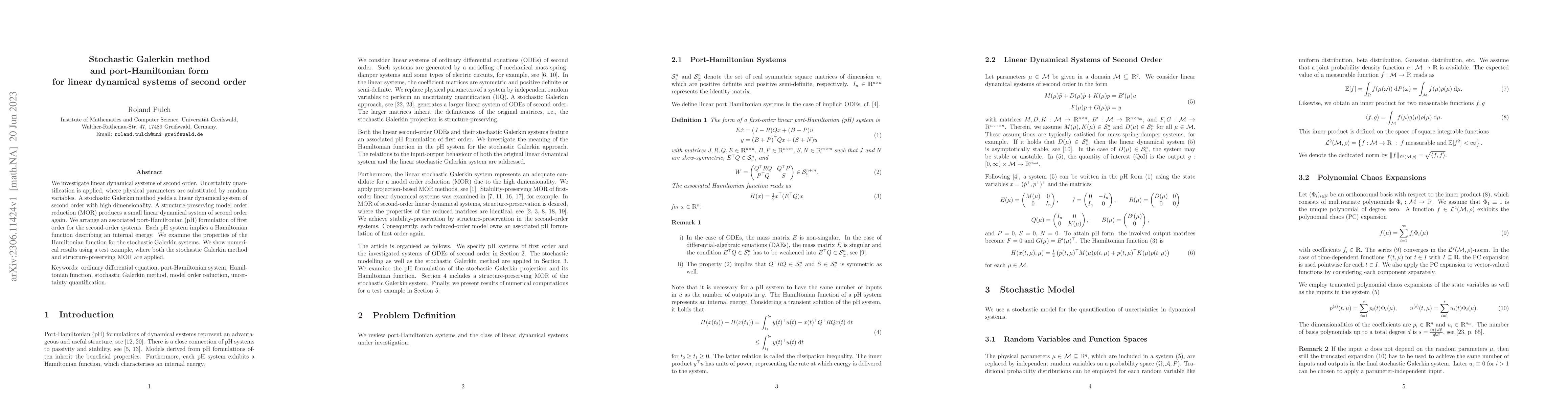 Thumbnail for Stochastic Galerkin method and port-Hamiltonian form for linear
  dynamical systems of second order