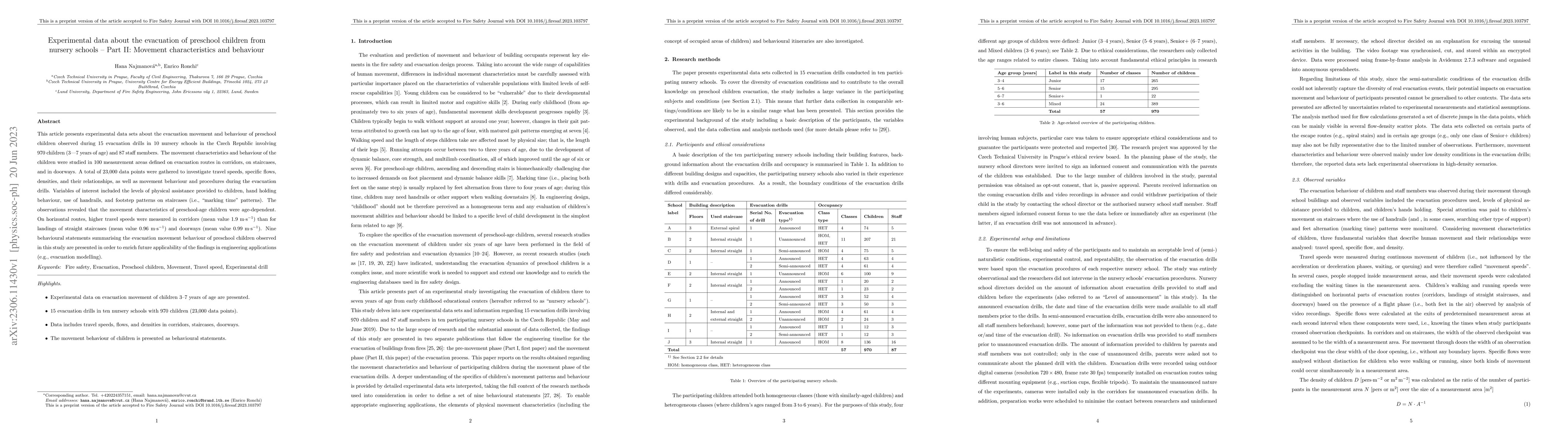 Thumbnail for Experimental data about the evacuation of preschool children from
  nursery schools -- Part II: Movement characteristics and behaviour