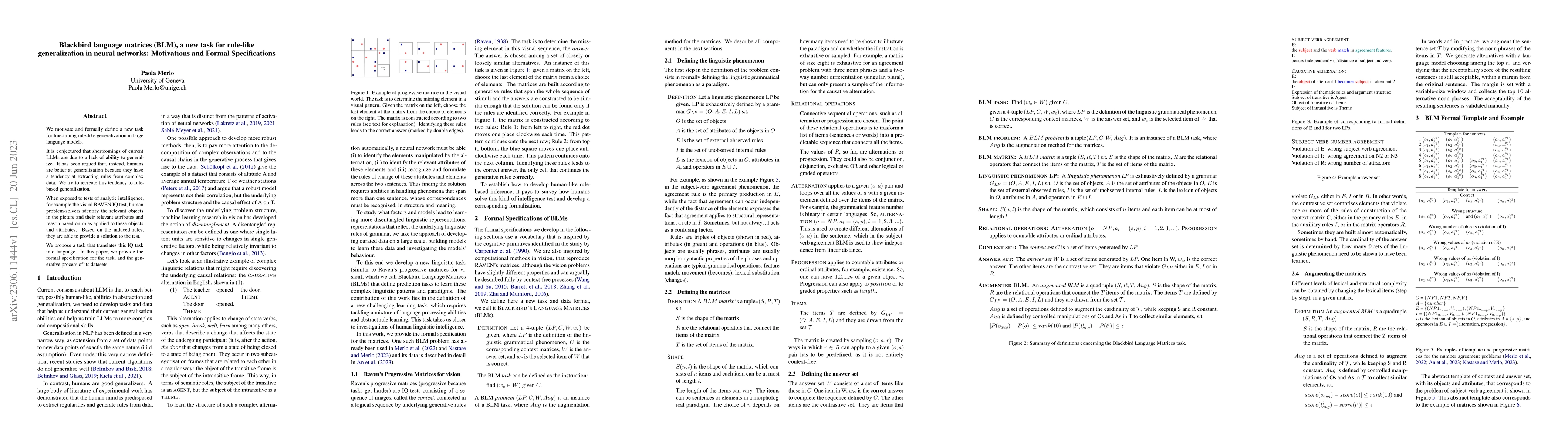 Thumbnail for Blackbird language matrices (BLM), a new task for rule-like
  generalization in neural networks: Motivations and Formal Specifications