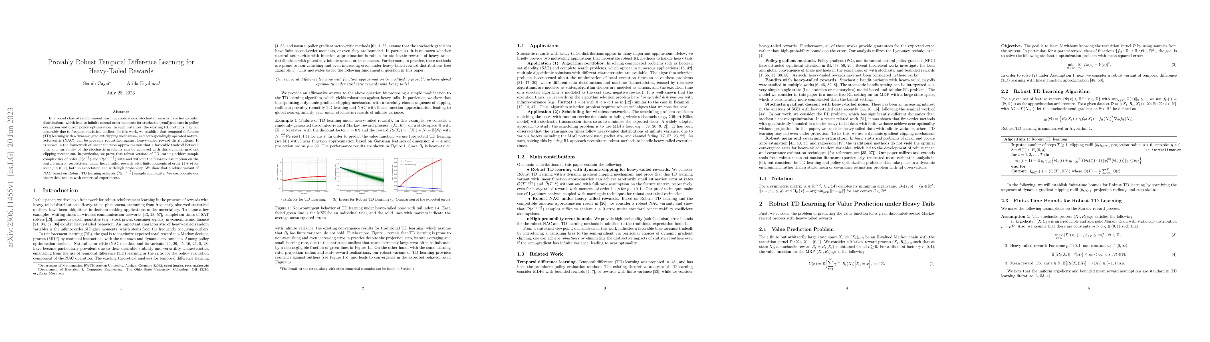 Thumbnail for Provably Robust Temporal Difference Learning for Heavy-Tailed Rewards