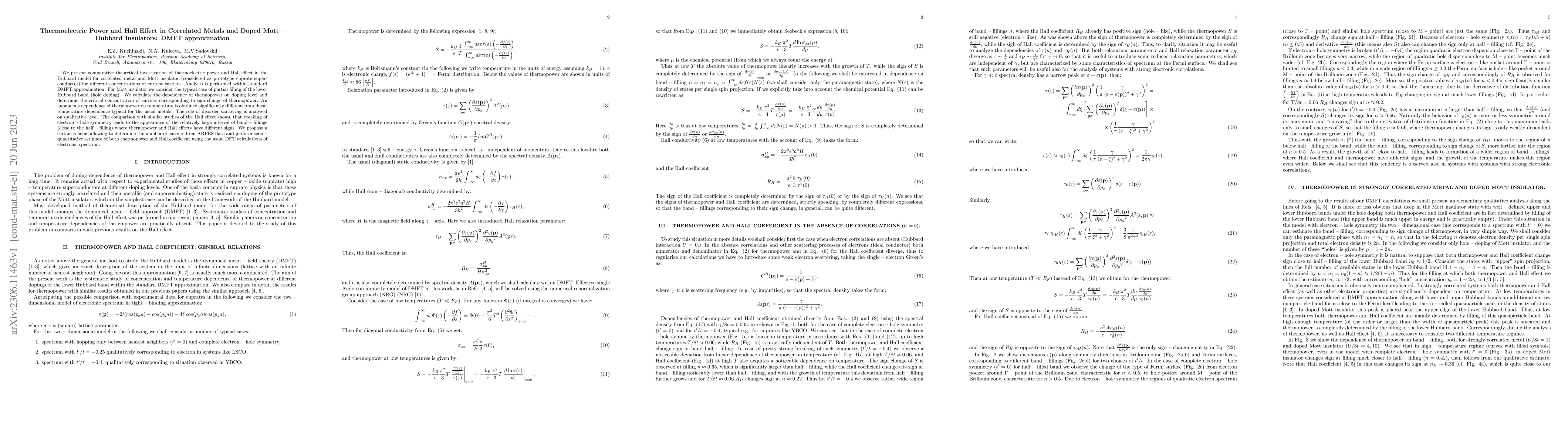 Thumbnail for Thermoelectric Power and Hall Effect in Correlated Metals and Doped
  Mott-Hubbard Insulators: DMFT approximation