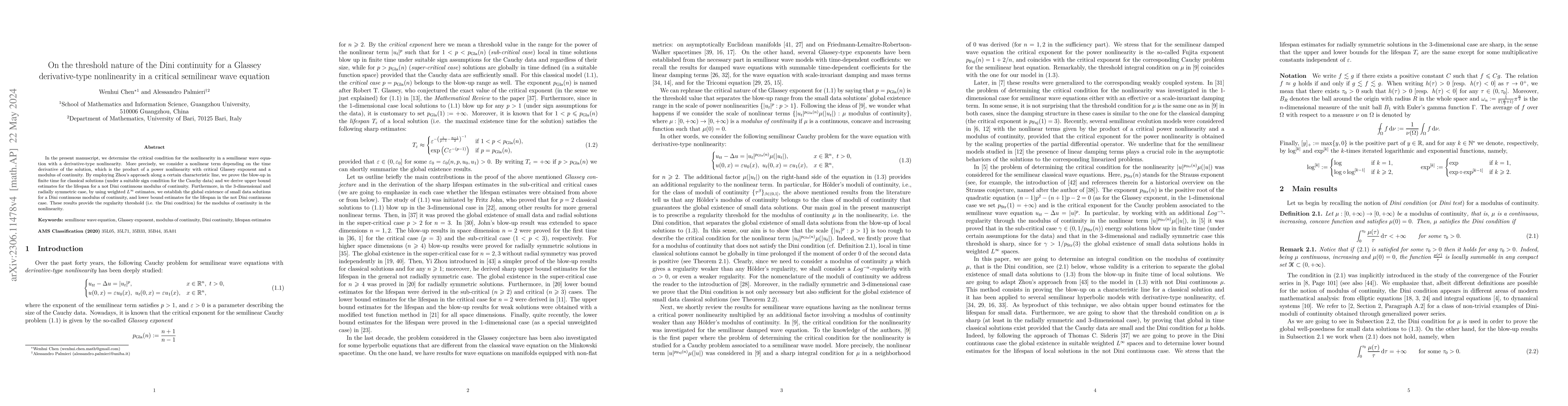 Thumbnail for On the threshold nature of the Dini continuity for a Glassey
  derivative-type nonlinearity in a critical semilinear wave equation