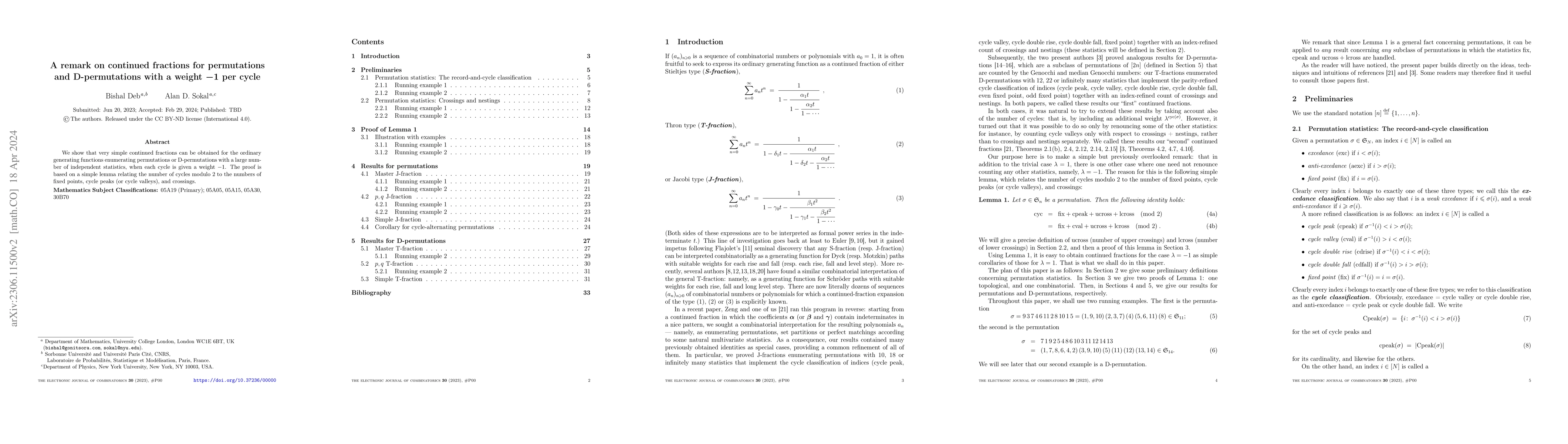Thumbnail for A remark on continued fractions for permutations and D-permutations with
  a weight $-1$ per cycle