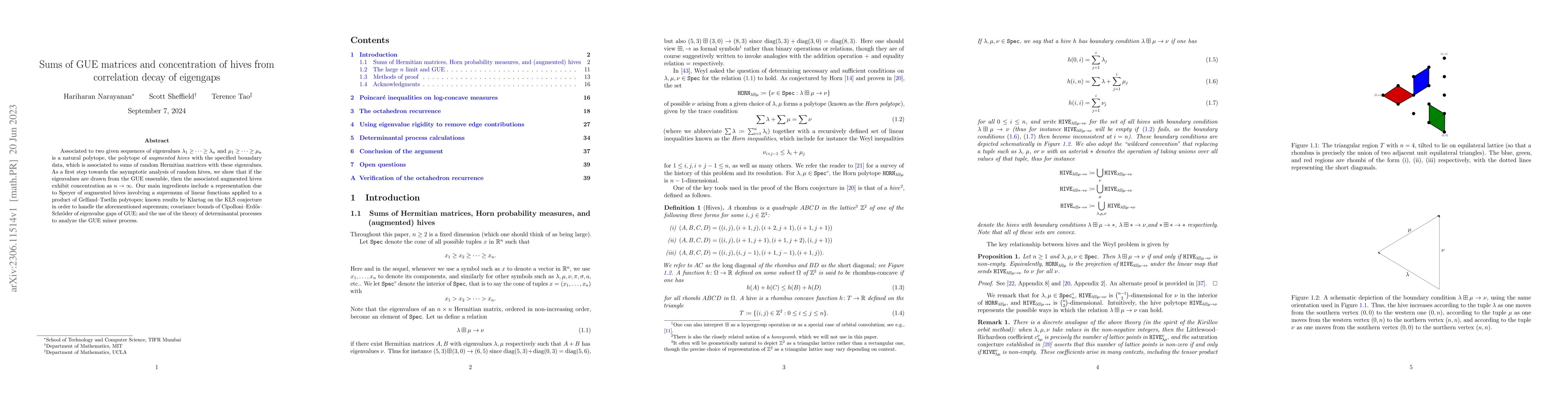 Thumbnail for Sums of GUE matrices and concentration of hives from correlation decay
  of eigengaps