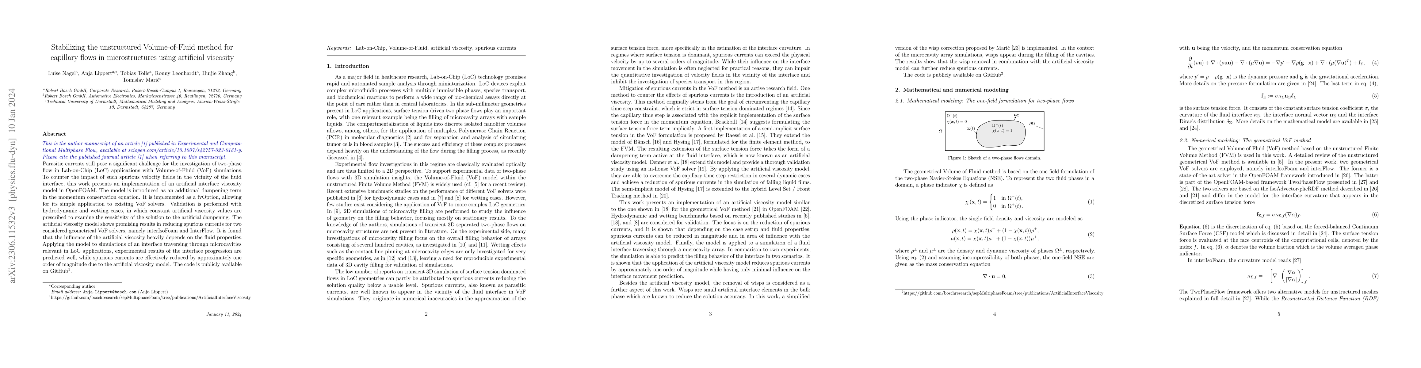 Thumbnail for Stabilizing the unstructured Volume-of-Fluid method for capillary flows
  in microstructures using artificial viscosity