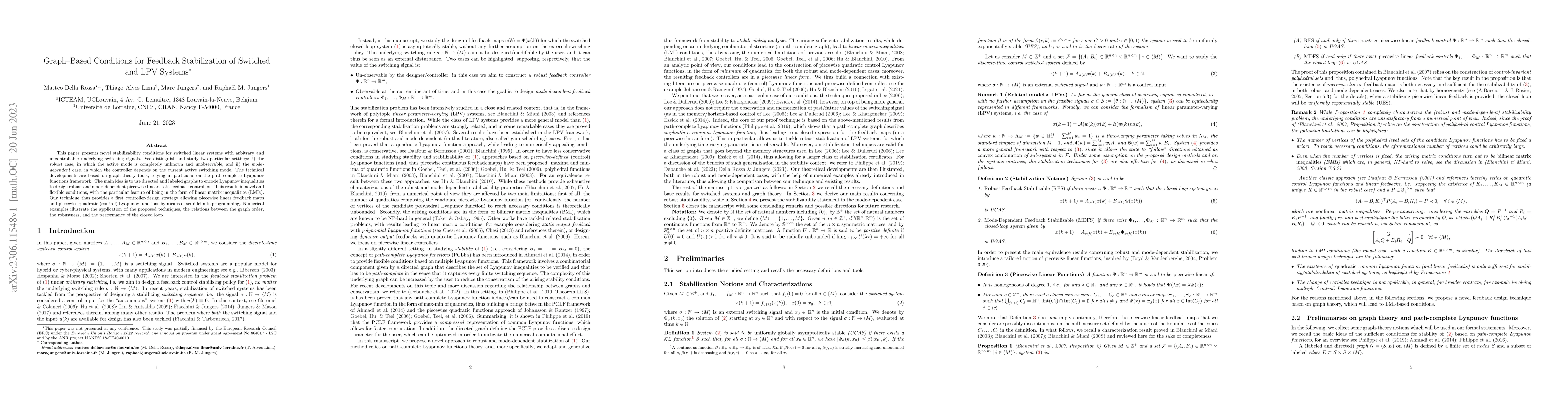 Thumbnail for Graph-Based Conditions for Feedback Stabilization of Switched and LPV
  Systems