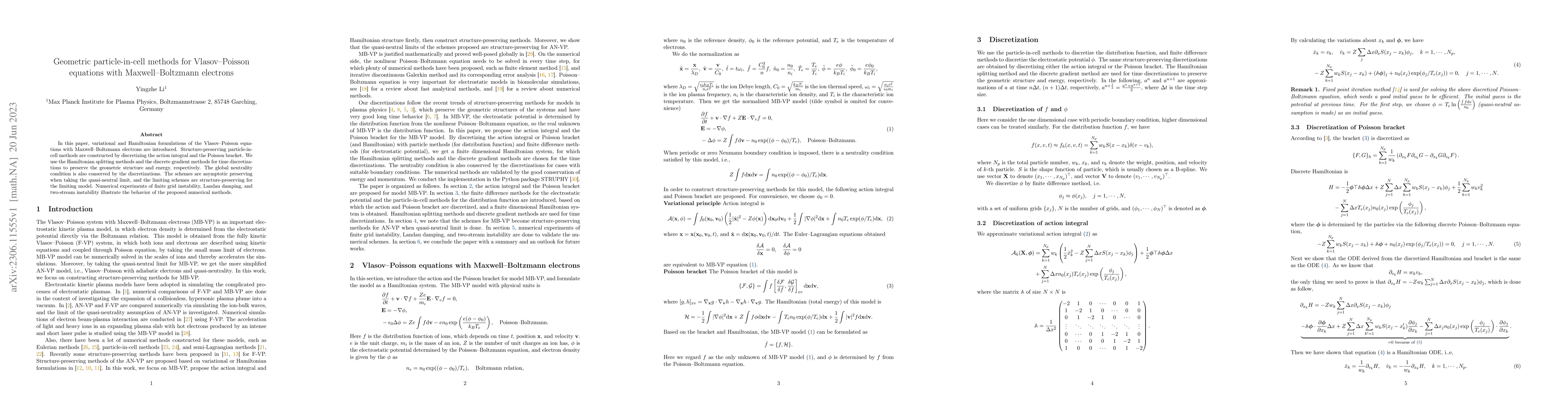 Thumbnail for Geometric particle-in-cell methods for Vlasov--Poisson equations with
  Maxwell--Boltzmann electrons