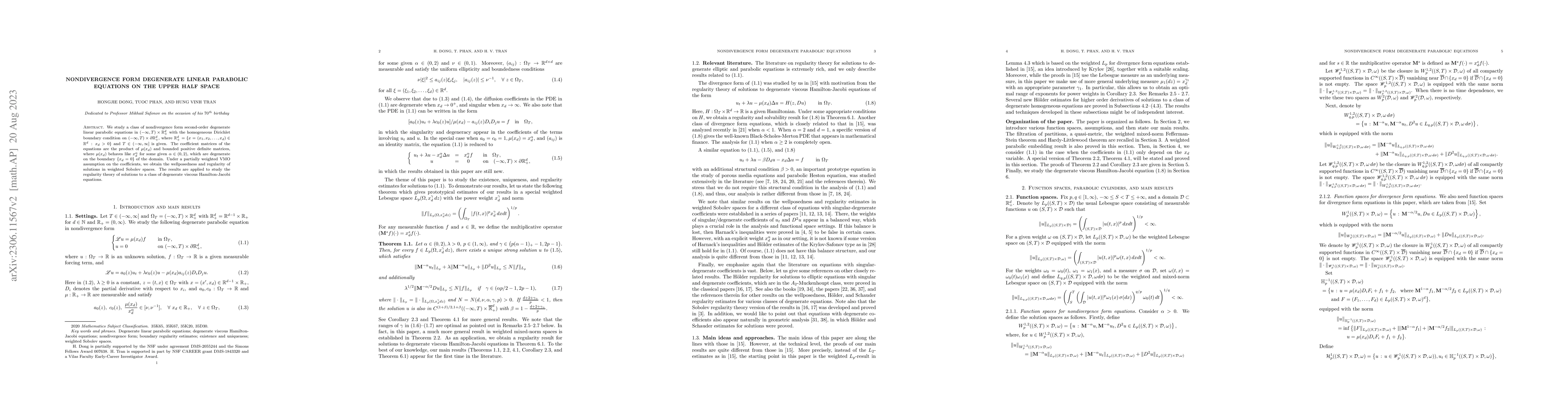 Thumbnail for Nondivergence form degenerate linear parabolic equations on the upper
  half space
