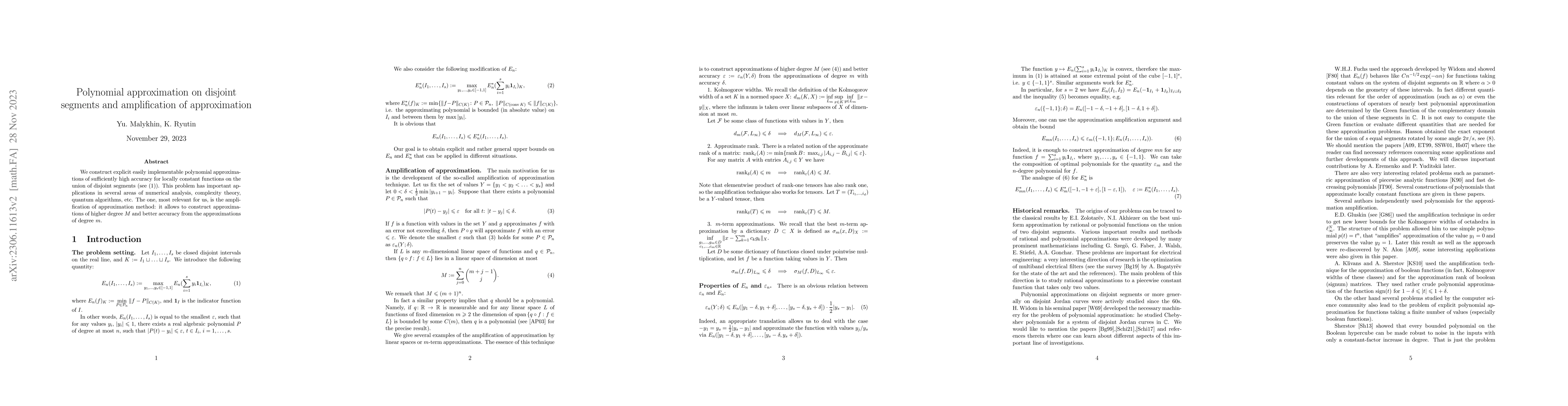 Thumbnail for Polynomial approximation on disjoint segments and amplification of
  approximation