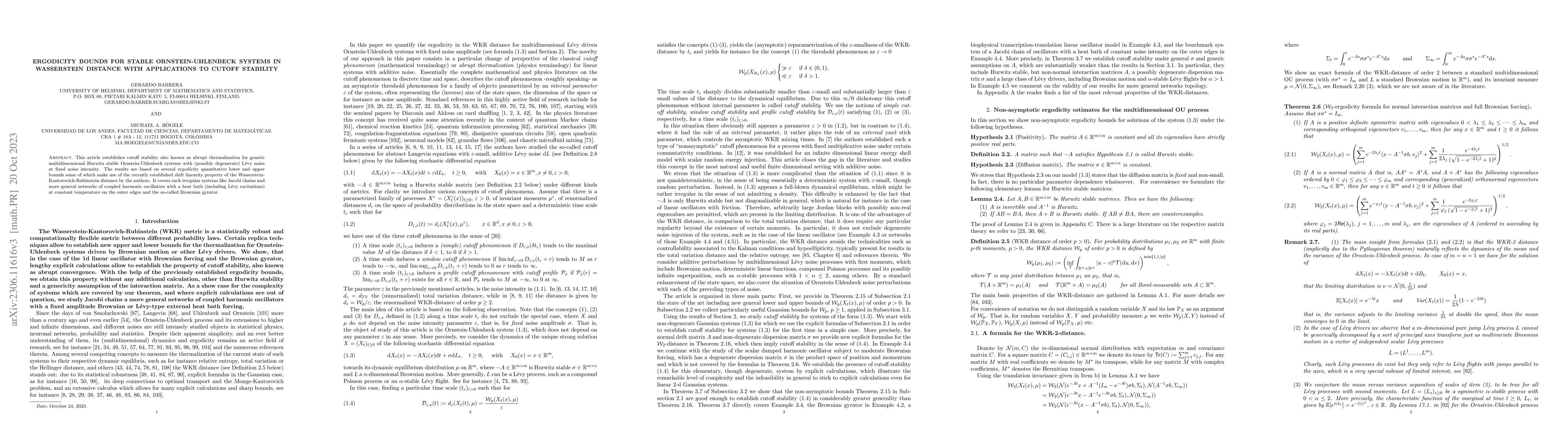 Thumbnail for Ergodicity bounds for stable Ornstein-Uhlenbeck systems in Wasserstein
  distance with applications to cutoff stability