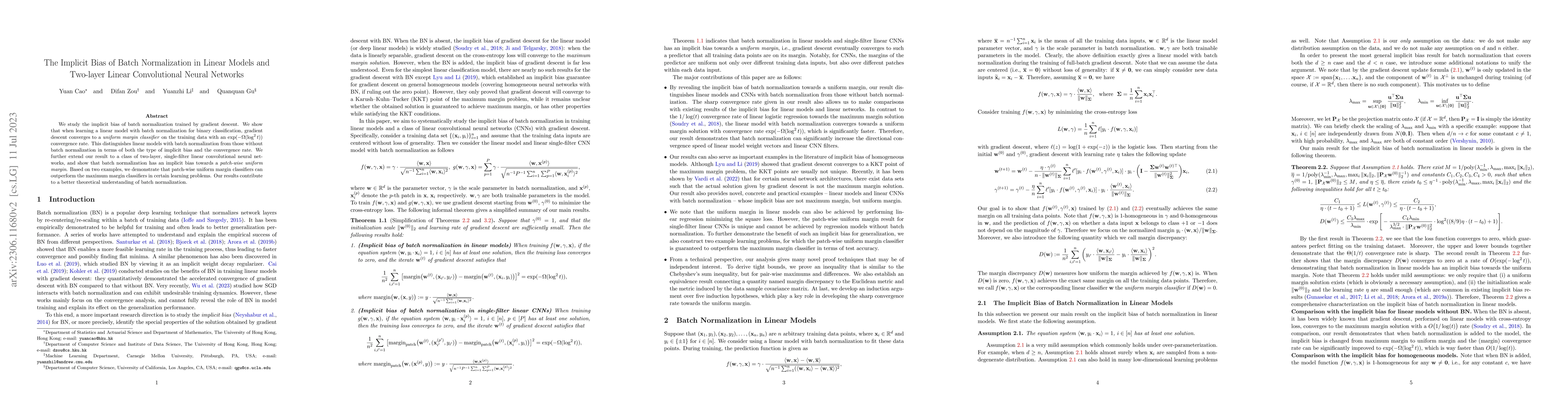 Thumbnail for The Implicit Bias of Batch Normalization in Linear Models and Two-layer
  Linear Convolutional Neural Networks