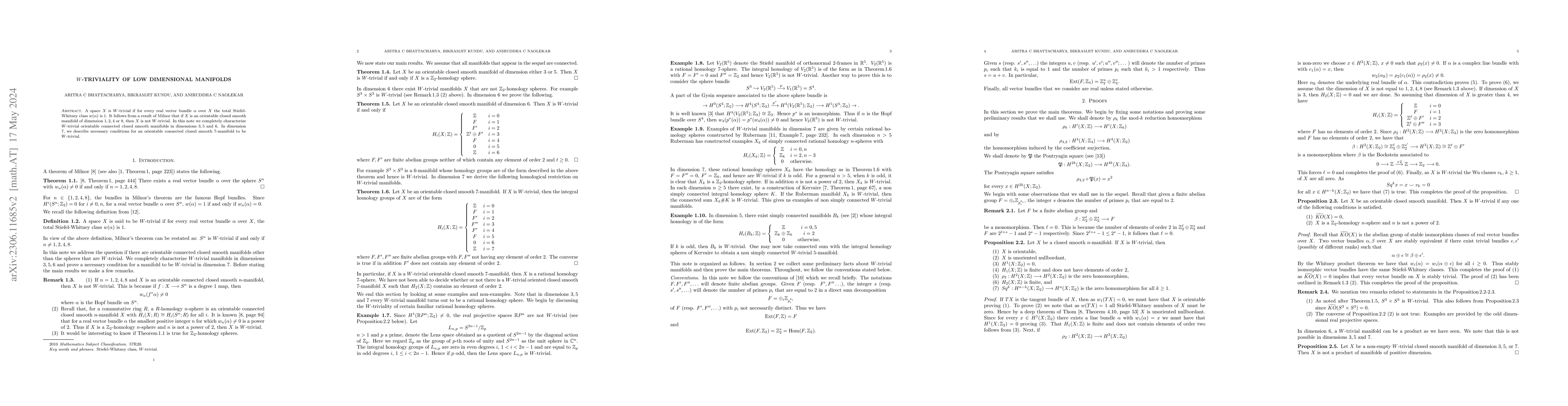 Thumbnail for $W$-triviality of low dimensional manifolds