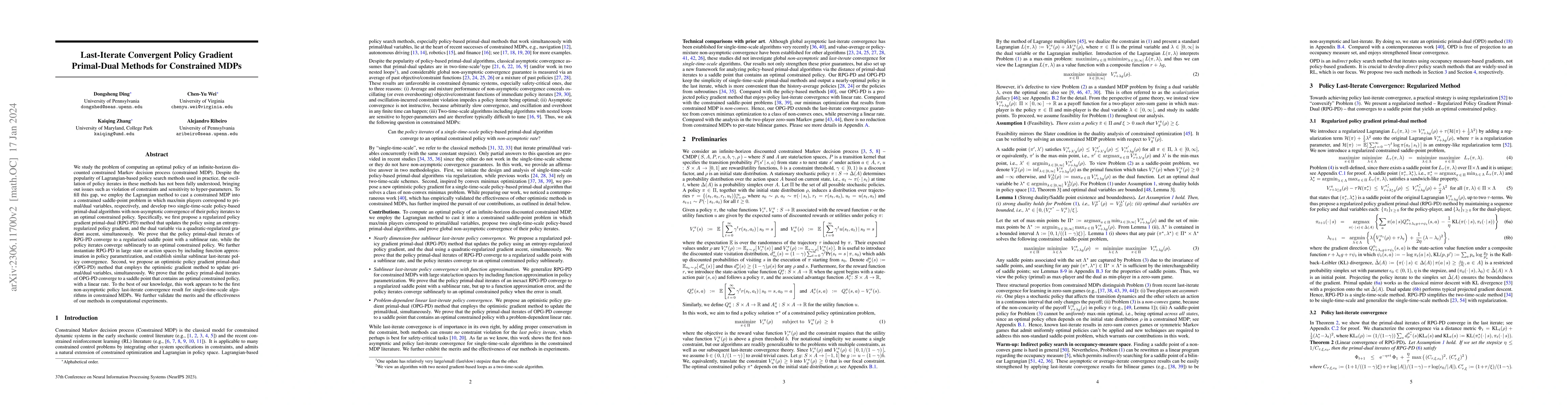 Thumbnail for Last-Iterate Convergent Policy Gradient Primal-Dual Methods for
  Constrained MDPs