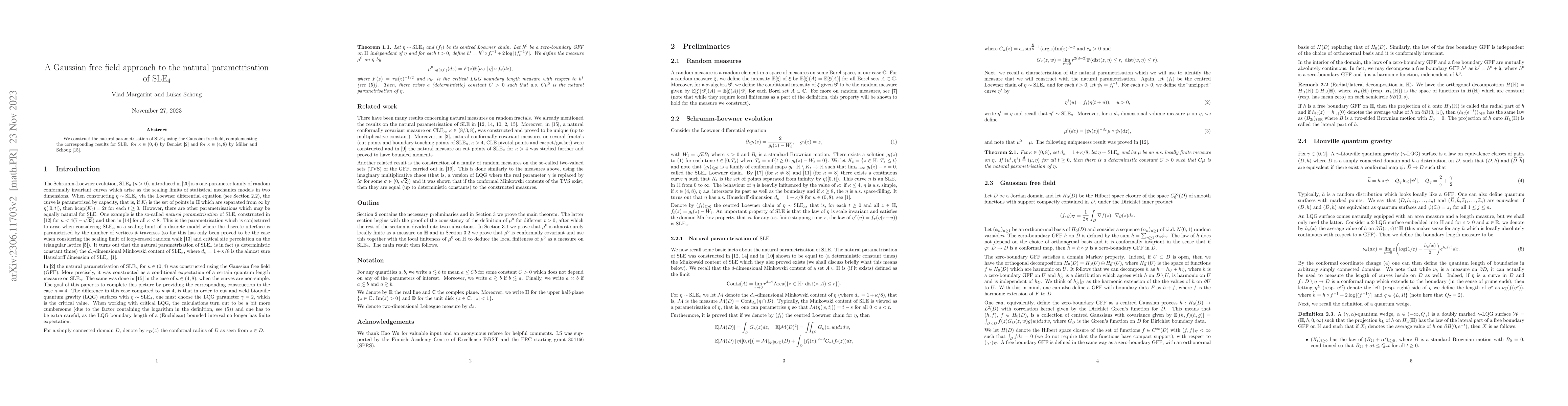 Thumbnail for A Gaussian free field approach to the natural parametrisation of SLE$_4$