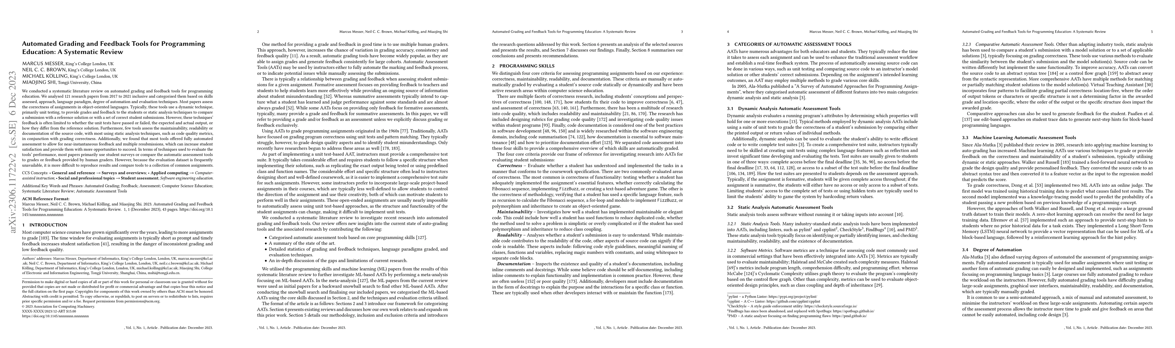Thumbnail for Automated Grading and Feedback Tools for Programming Education: A
  Systematic Review