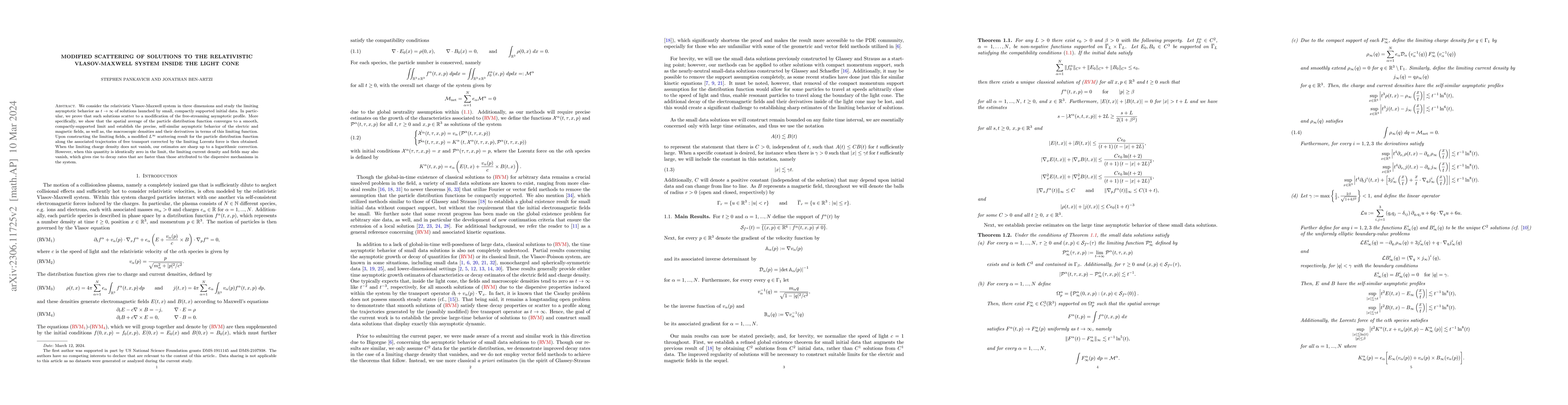 Thumbnail for Modified Scattering of Solutions to the Relativistic Vlasov-Maxwell
  System Inside the Light Cone