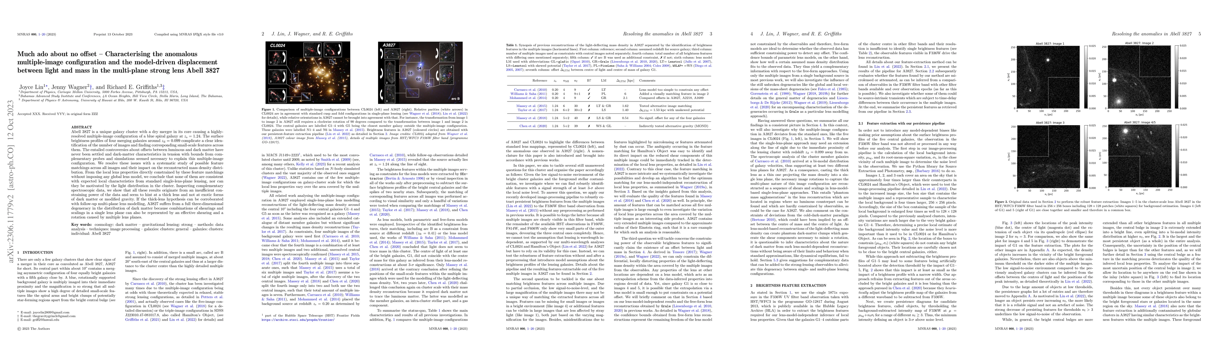 Thumbnail for Much ado about no offset -- Characterising the anomalous multiple-image
  configuration and the model-driven displacement between light and mass in the
  multi-plane strong lens Abell 3827