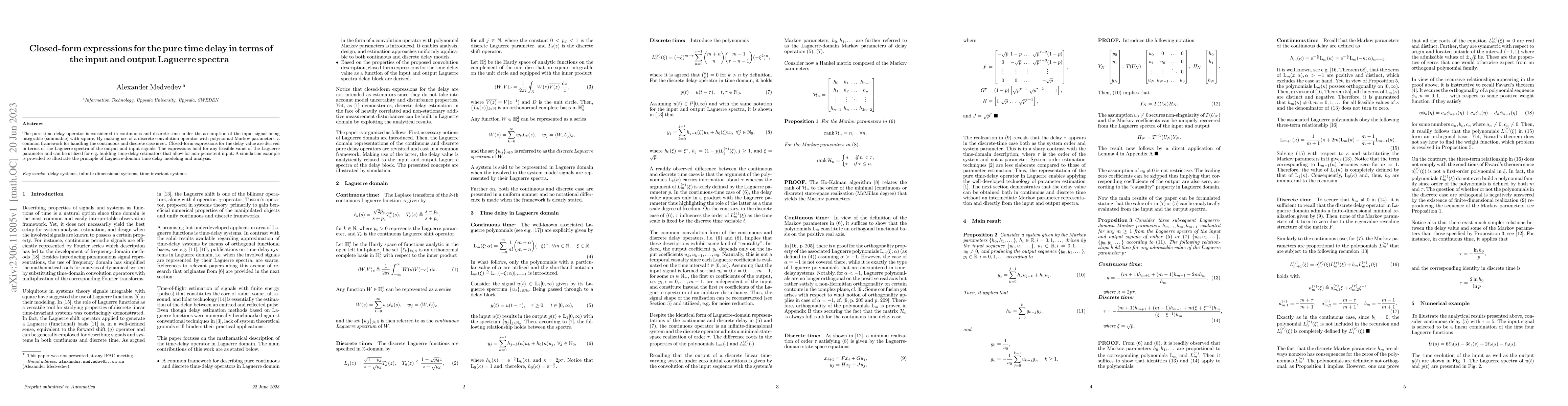 Thumbnail for Closed-form expressions for the pure time delay in terms of the input
  and output Laguerre spectra