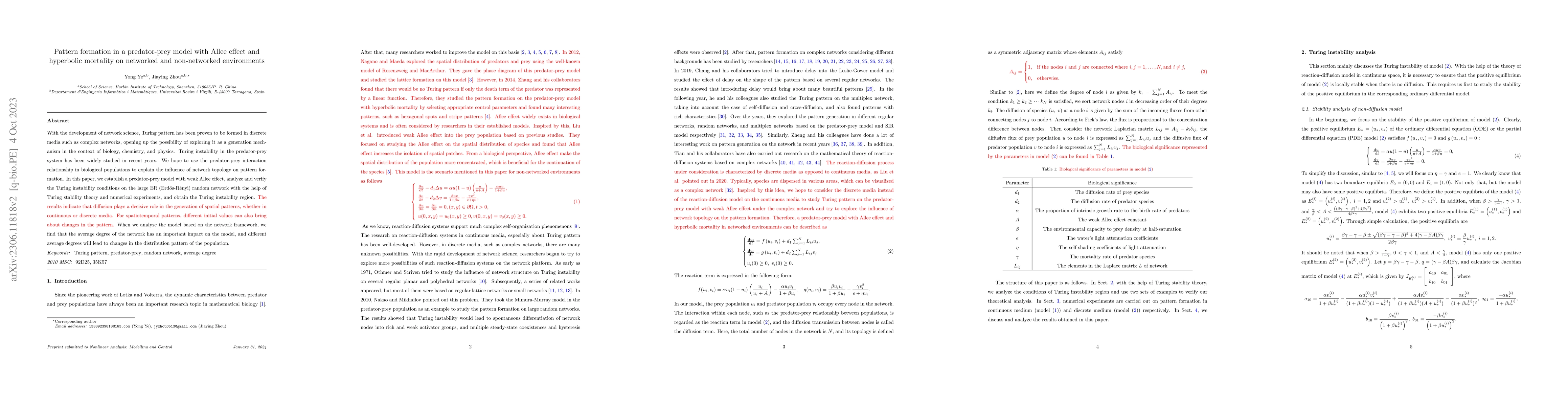Thumbnail for Pattern formation in a predator-prey model with Allee effect and
  hyperbolic mortality on networked and non-networked environments