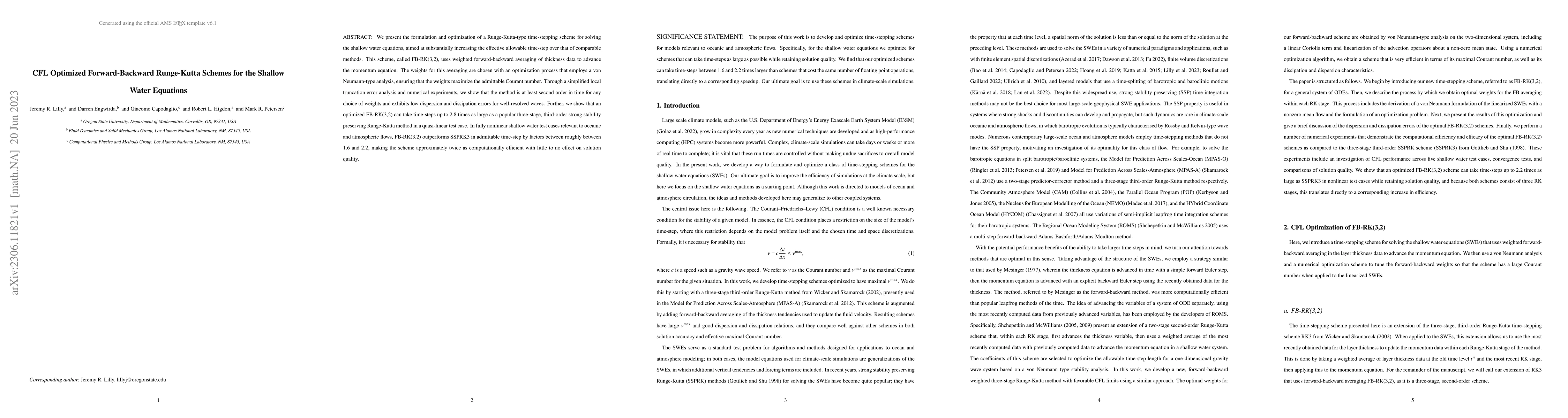Thumbnail for CFL Optimized Forward-Backward Runge-Kutta Schemes for the Shallow Water
  Equations