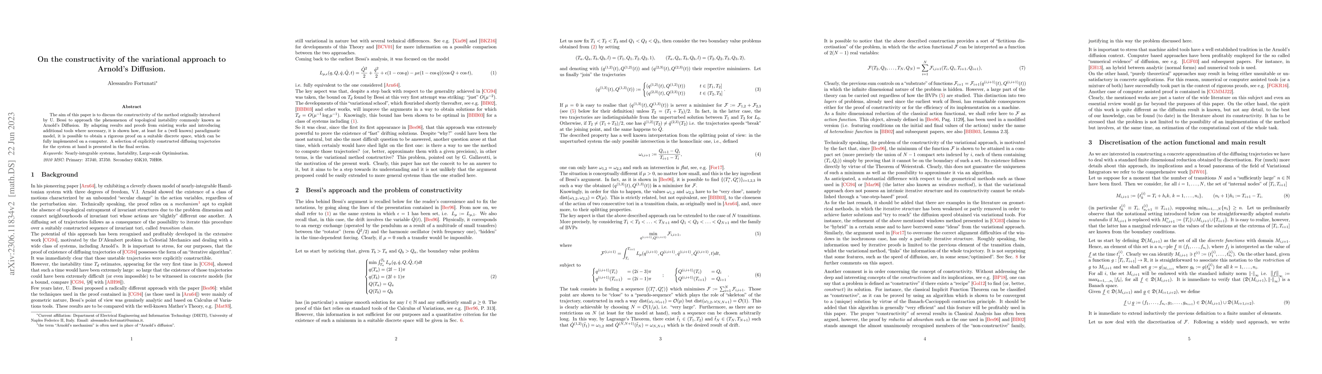 Thumbnail for On the constructivity of the variational approach to Arnold's Diffusion