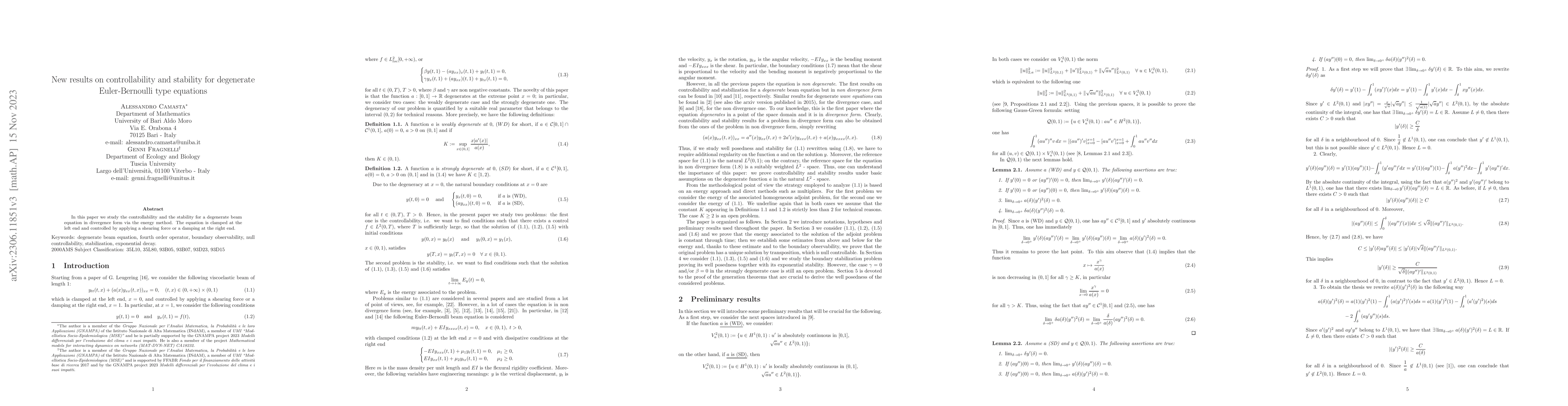 Thumbnail for New results on controllability and stability for degenerate
  Euler-Bernoulli type equations