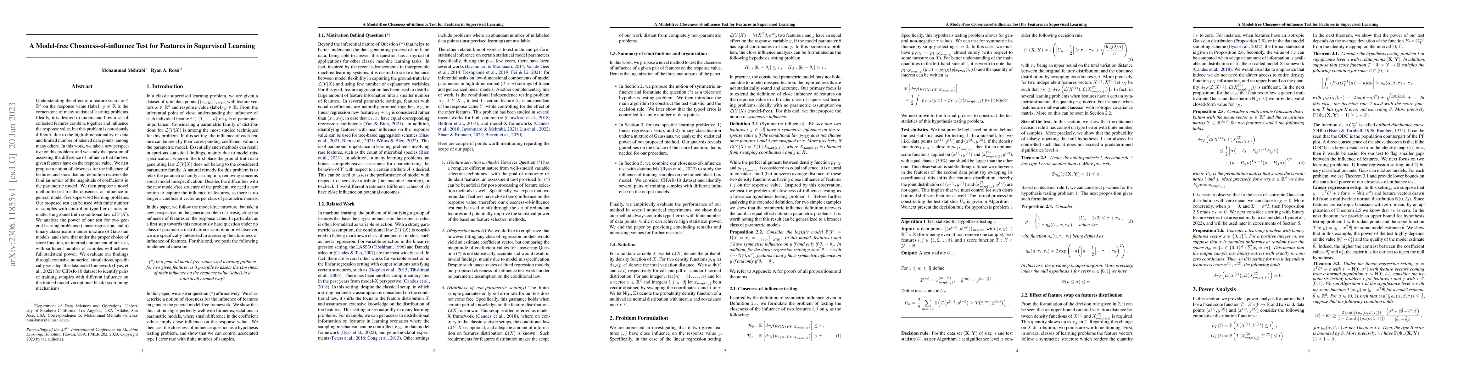 Thumbnail for A Model-free Closeness-of-influence Test for Features in Supervised
  Learning