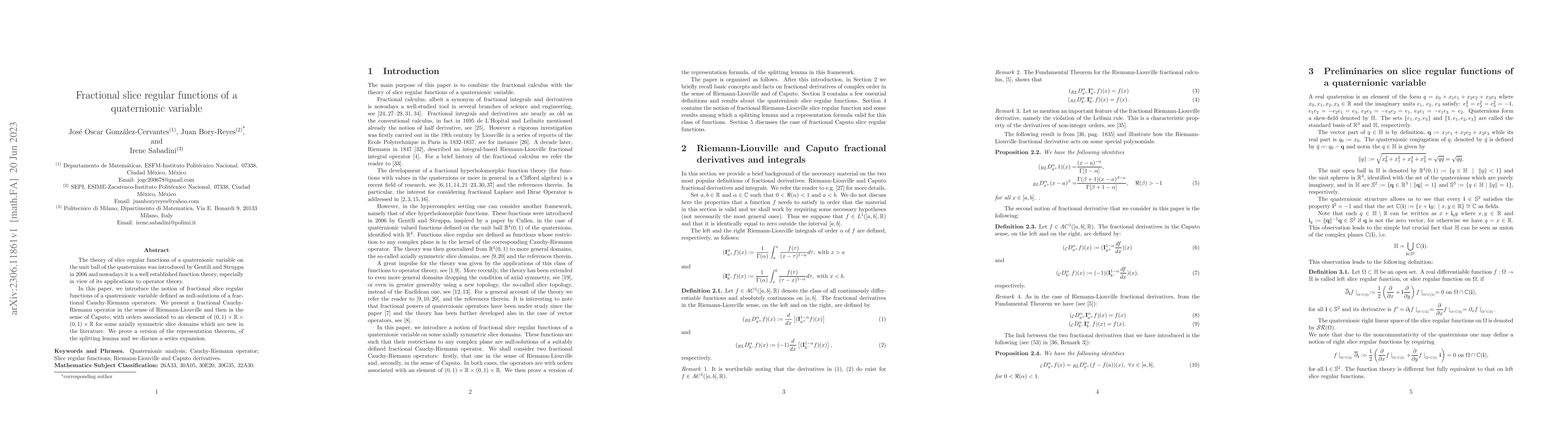 Thumbnail for Fractional slice regular functions of a quaternionic variable
