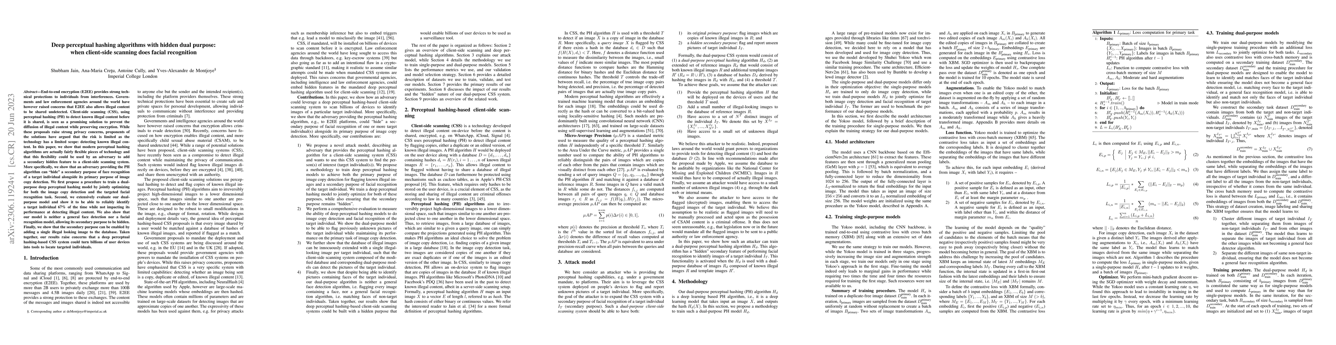 Thumbnail for Deep perceptual hashing algorithms with hidden dual purpose: when
  client-side scanning does facial recognition