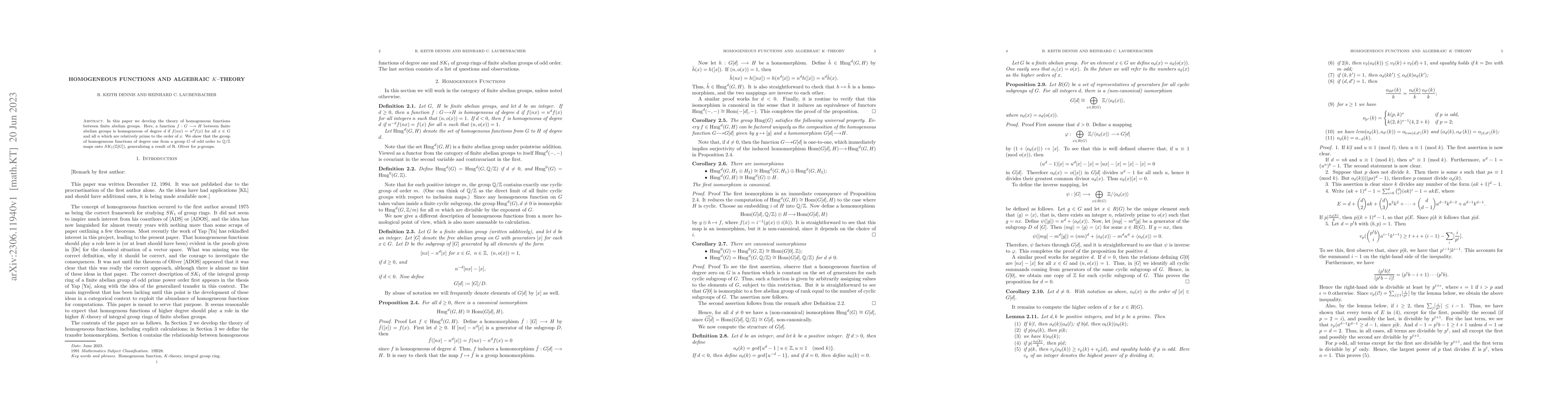 Thumbnail for Homogeneous Functions and Algebraic $K$--theory