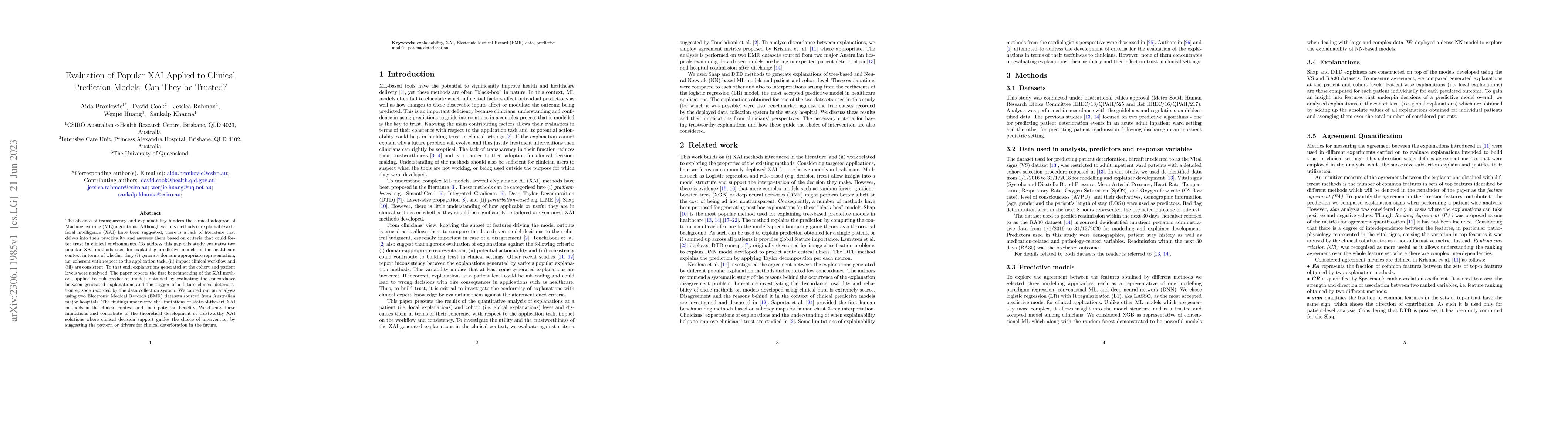 Thumbnail for Evaluation of Popular XAI Applied to Clinical Prediction Models: Can
  They be Trusted?