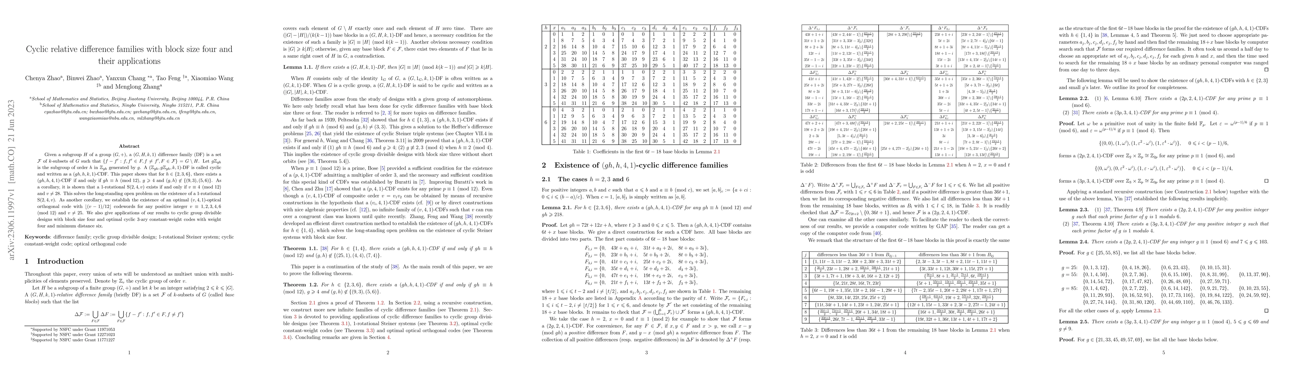 Thumbnail for Cyclic relative difference families with block size four and their
  applications